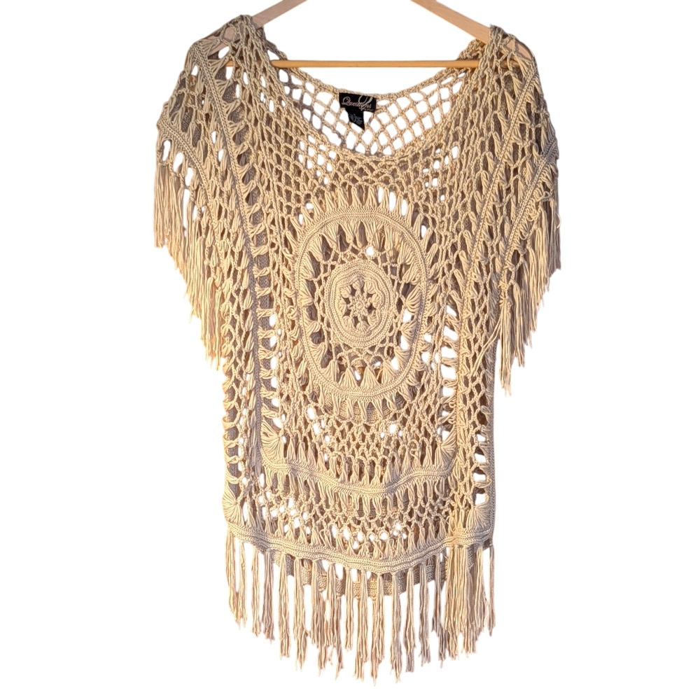 Questions By Say What Beige Crochet Fringe Top Small Boho Festival Y2k